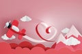 Paper art style of Heart ribbon with red plane flying in the sky, 3D rendering design.